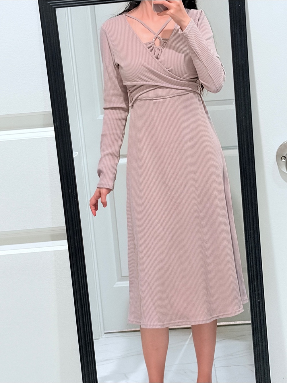 Women’s Long Sleeve Wrap Midi Dress in Dusty Rose